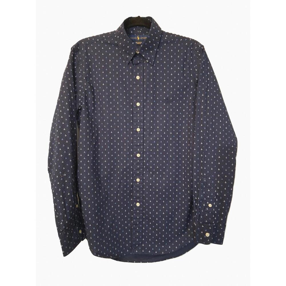 Ralph Lauren Mens Navy White Anchor Polka Dot Pony Button Down Shirt, S/P